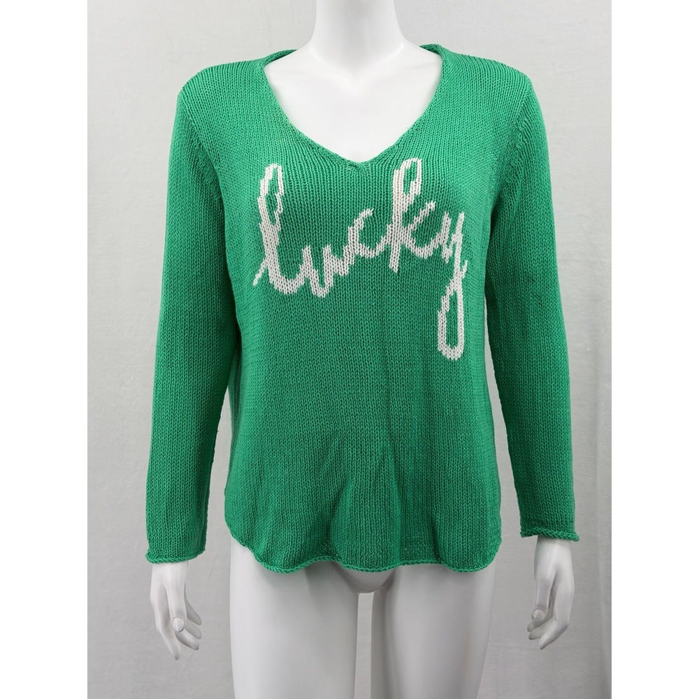 Wooden Ships Sweater Womens Small Medium Green Lucky Knit V-Neck St Patricks‎